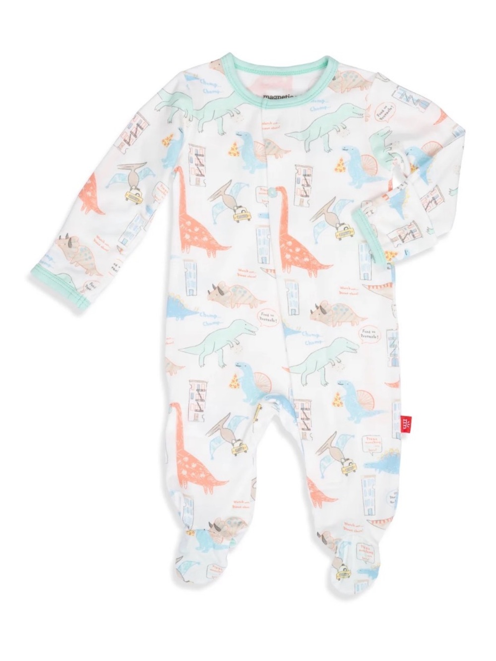 Magnetic Me White Dinosaur Print Organic Cotton Footed One-Piece with Mint Trim